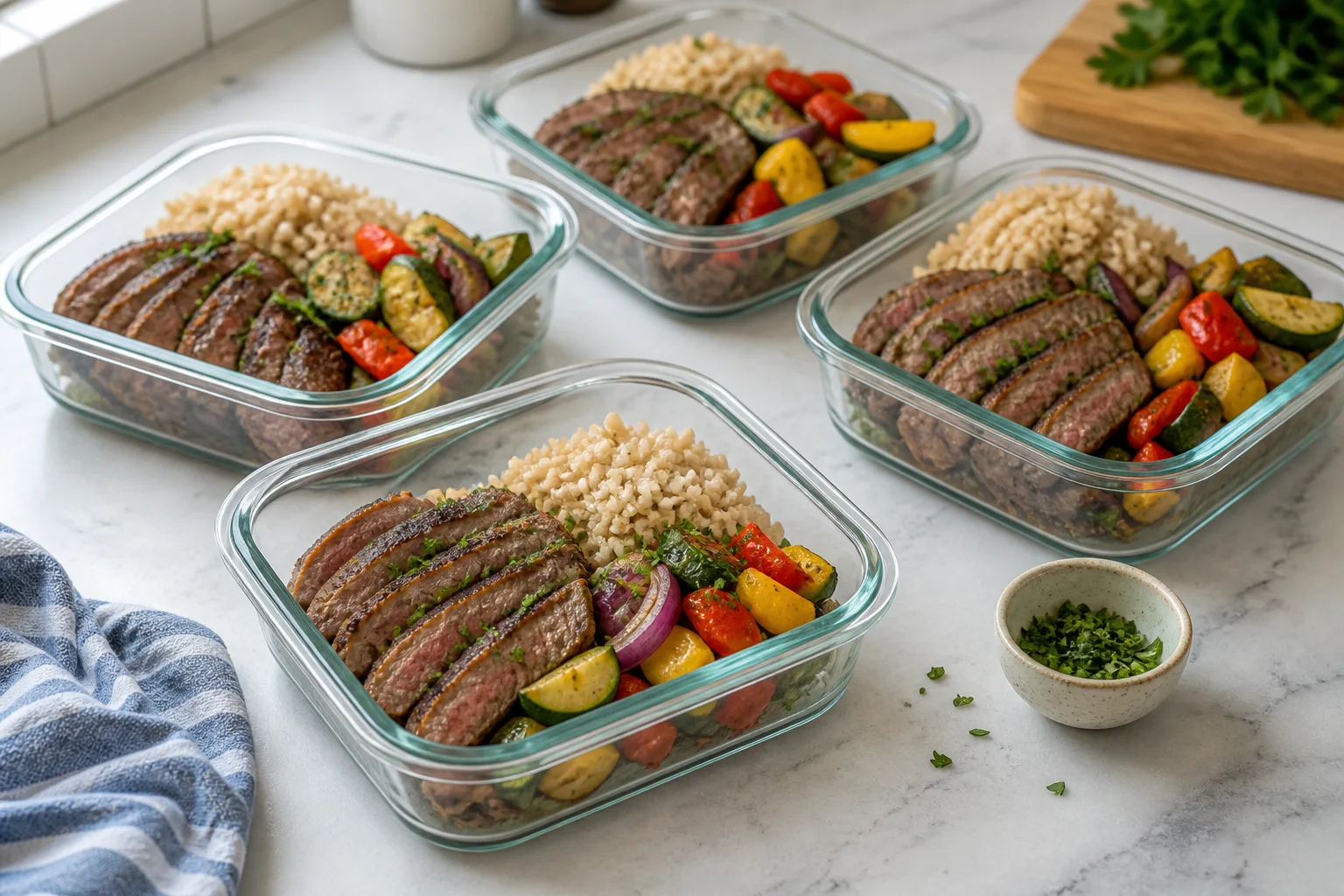 Glass meal-prep containers filled with sliced steak, rice and colorful vegetables