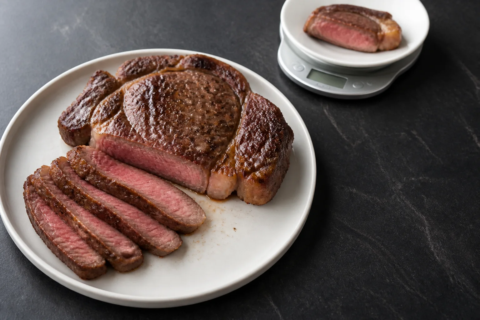 Sliced cooked ribeye and a measured portion on a kitchen scale for nutrition comparison
