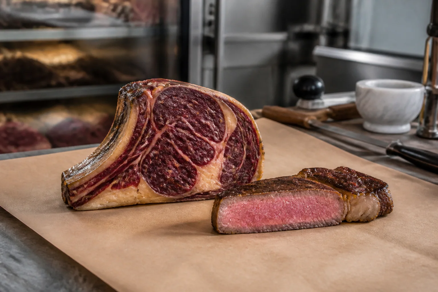 Trimmed dry-aged bone-in steak with a cooked slice showing its browned crust