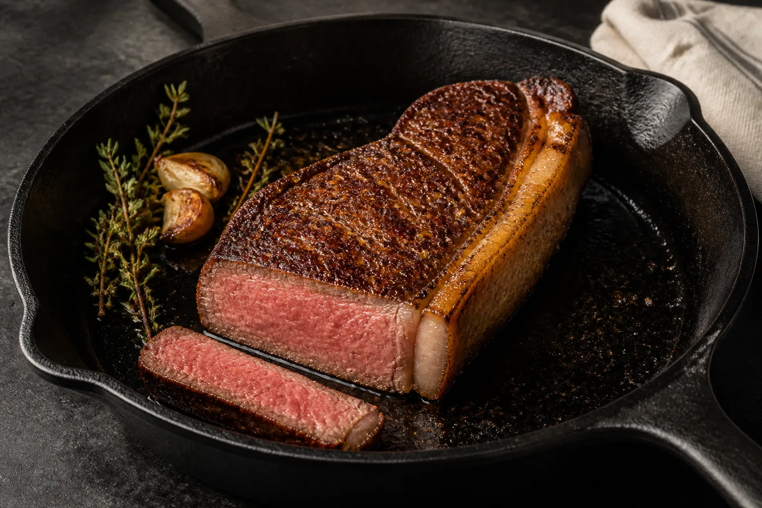 New York strip steak with a browned crust and pink center in cast iron
